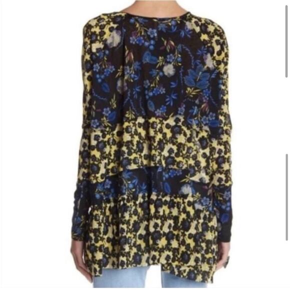 Free People Isabelle black blue yellow floral sheer v neck tunic top size Small - Picture 16 of 16